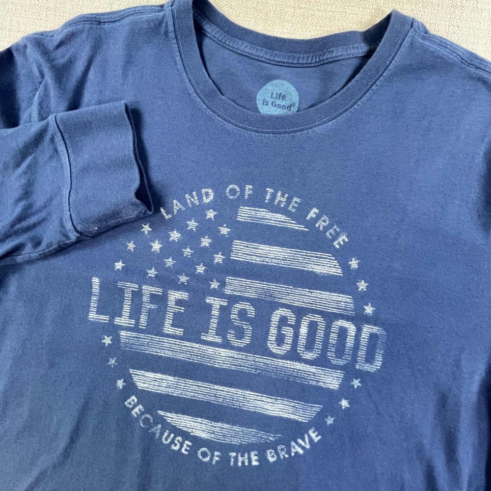 Life is Good Graphic Long Sleeve T-Shirt Mens M Blue Land of the Free Brave